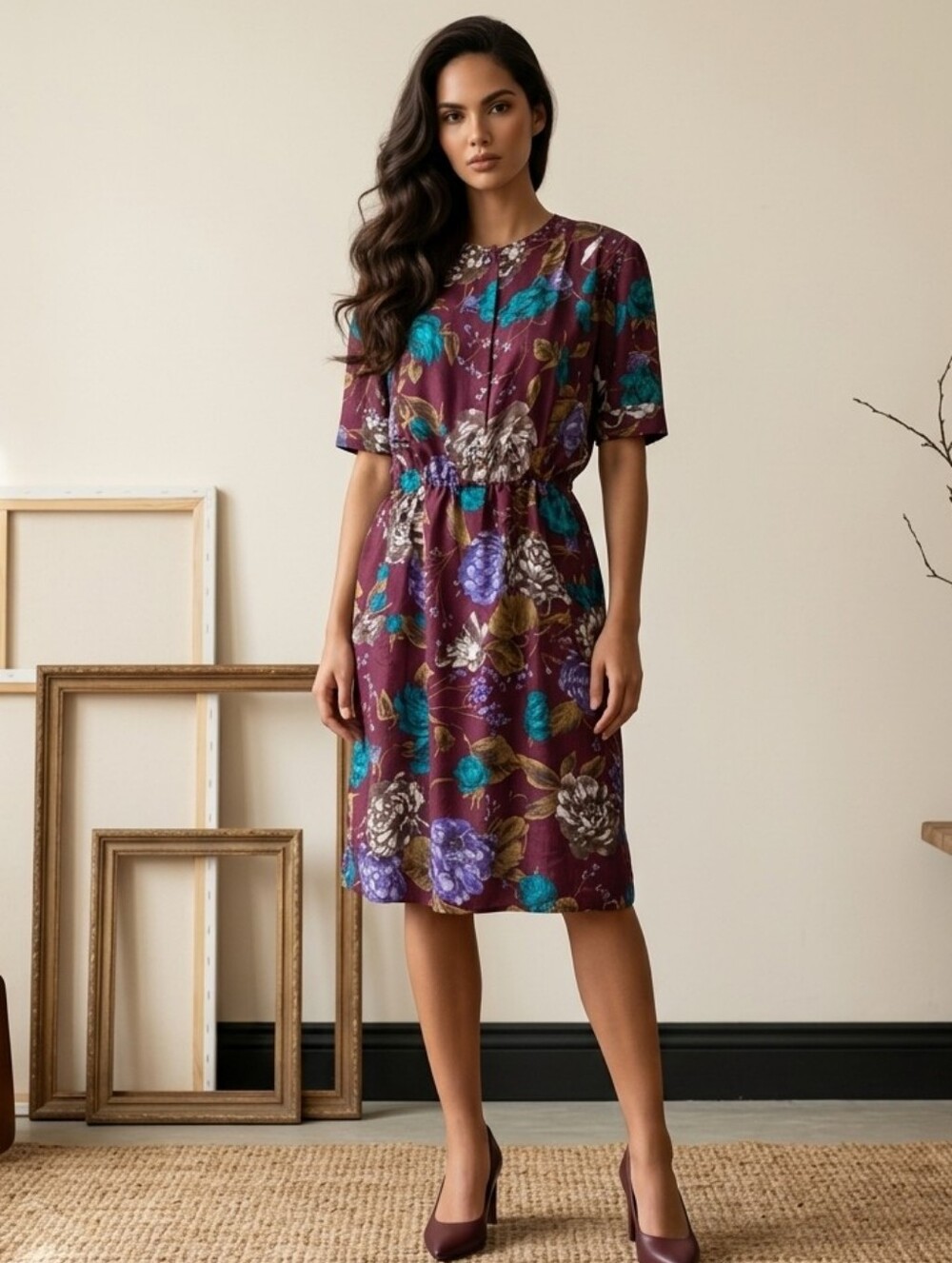 Vintage 80s Handmade Shirtdress Purple Floral Peplum Secretary Corpcore Sz Large